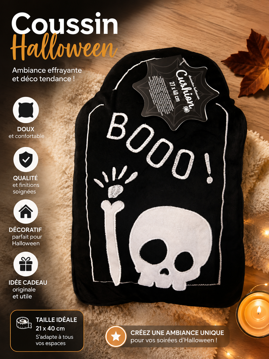 Coussin Décoratif Pierre Tombale Squelette « Booo! » Halloween – Déco Maison 27x40cm