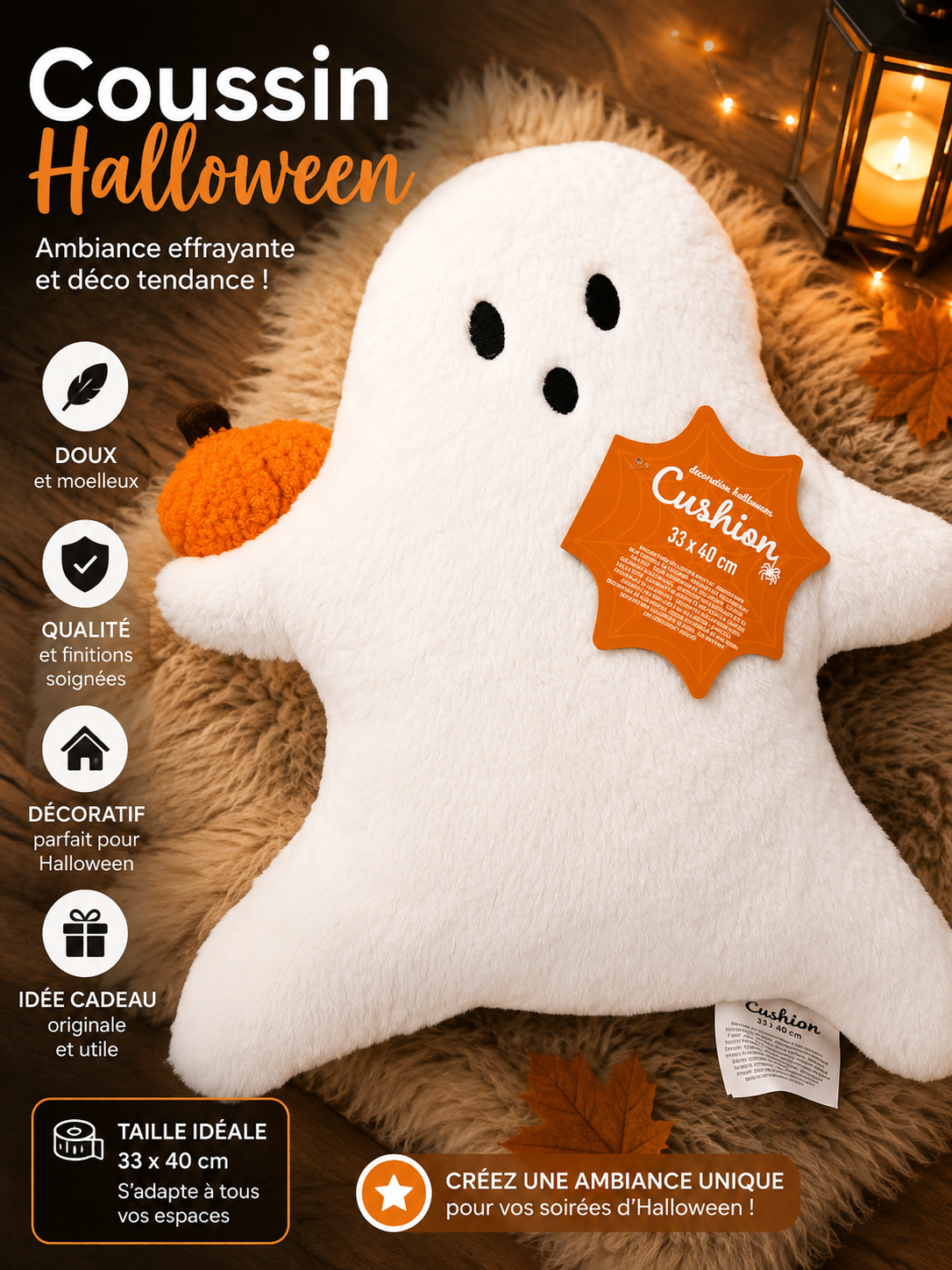 Coussin Décoratif Fantôme Halloween Blanc – Déco Maison Automne 33x40cm