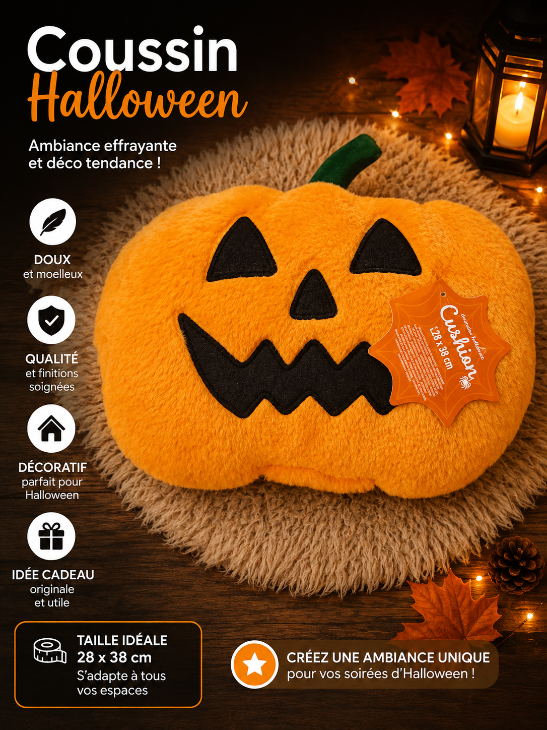 Coussin Décoratif Citrouille Halloween Jack-o'-Lantern – Déco Intérieur Automne 28x38cm